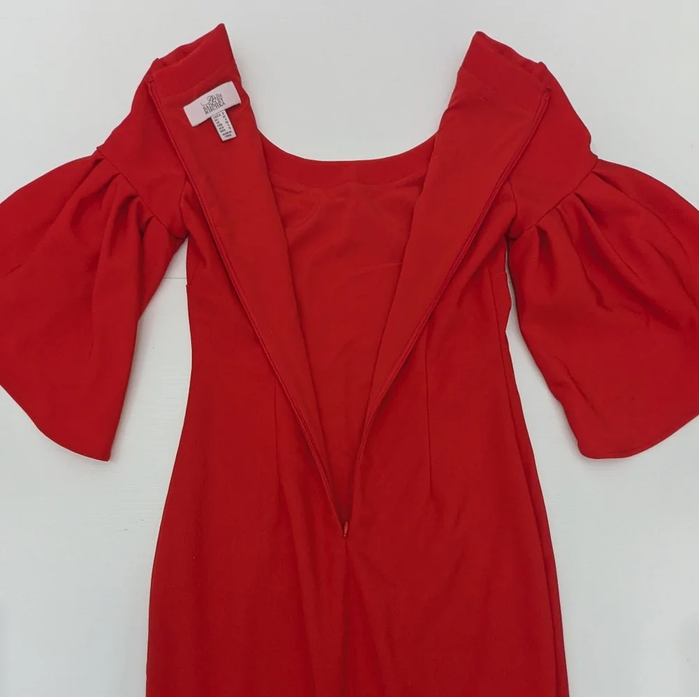 Badgley Mischka Red Knee Length Scuba Sheath Dress 3/4 Bell Sleeves Formal 0 - Picture 9 of 13